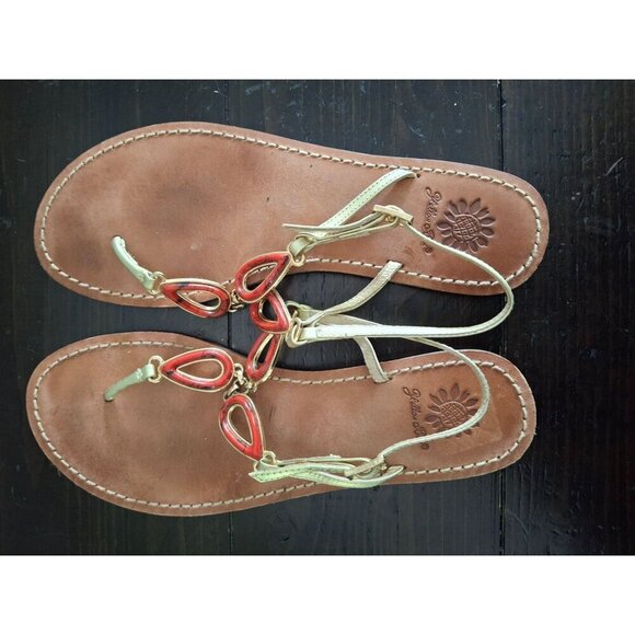 EUC Yellow Box Leather Sandals with Gold Straps and Red Teardrop Embellishments/ - Picture 9 of 9